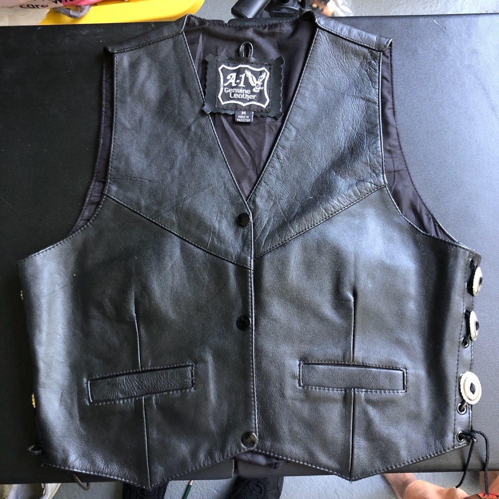 A-1 genuine leather biker vest with silver buckle hardware